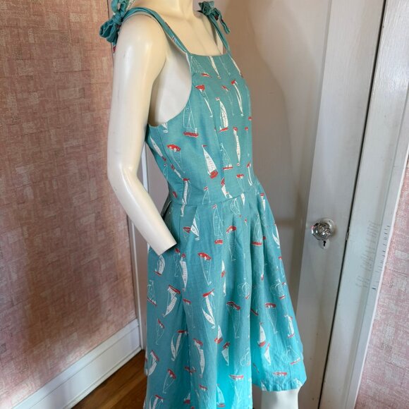 Knitted Dove Blue Retro Sailboat Print Dress sz L - Picture 3 of 12
